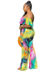 Schulterfreier Jumpsuit mit Blumenmuster und weiter, langer Hose