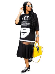 Vestidos tipo camiseta con capas de patchwork y estampado de letras