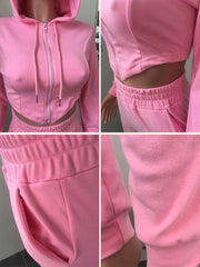 Two Piece Solid Color Zipper Hoodie+ Sweatpants