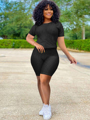 Two Piece Short Sleeve Solid Top & High Waist Pants