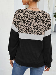 Long Sleeve Color Block Leopard Casual Pullover Tops