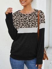 Long Sleeve Color Block Leopard Casual Pullover Tops