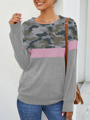 Long Sleeve Color Block Leopard Casual Pullover Tops