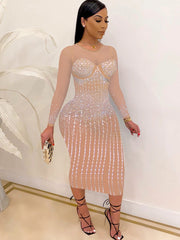 Langärmliges Midikleid aus Hot Drilling-Mesh