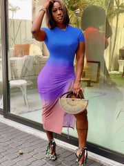 Short Sleeve Gradient Color Ruched T-shirt Dresses