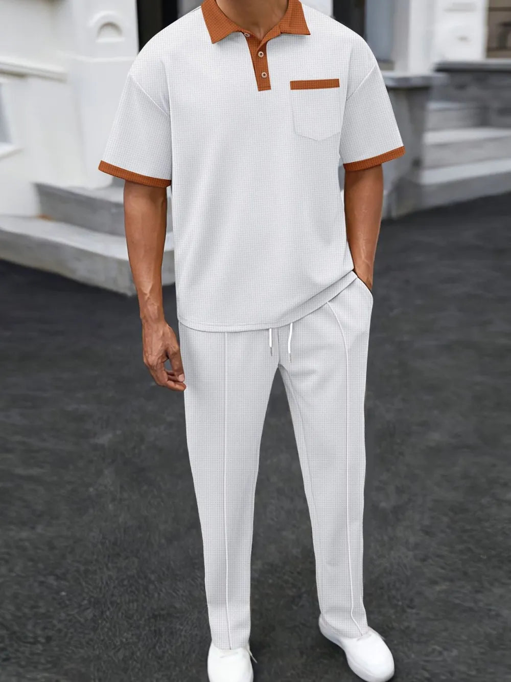 Men's Full Size Waffle-Knit Contrast Polo and Pants Set Plus Size