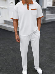 Men's Full Size Waffle-Knit Contrast Polo and Pants Set Plus Size