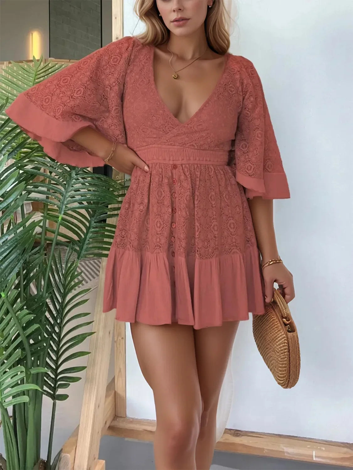 Full Size Lace Cutout Back Half Sleeve Mini Dress Plus Size