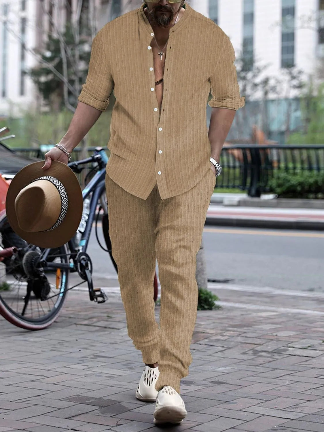 Men's Full Size Striped Button Up Top and Pants Set Plus Size