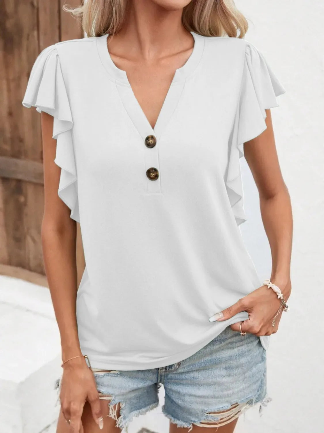 Ruffled Notched Cap Sleeve Blouse Plus Size