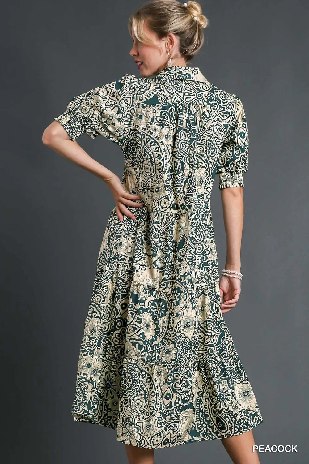 Printed Smocked Cuff Puff Sleeve Midi Dress