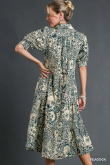 Printed Smocked Cuff Puff Sleeve Midi Dress