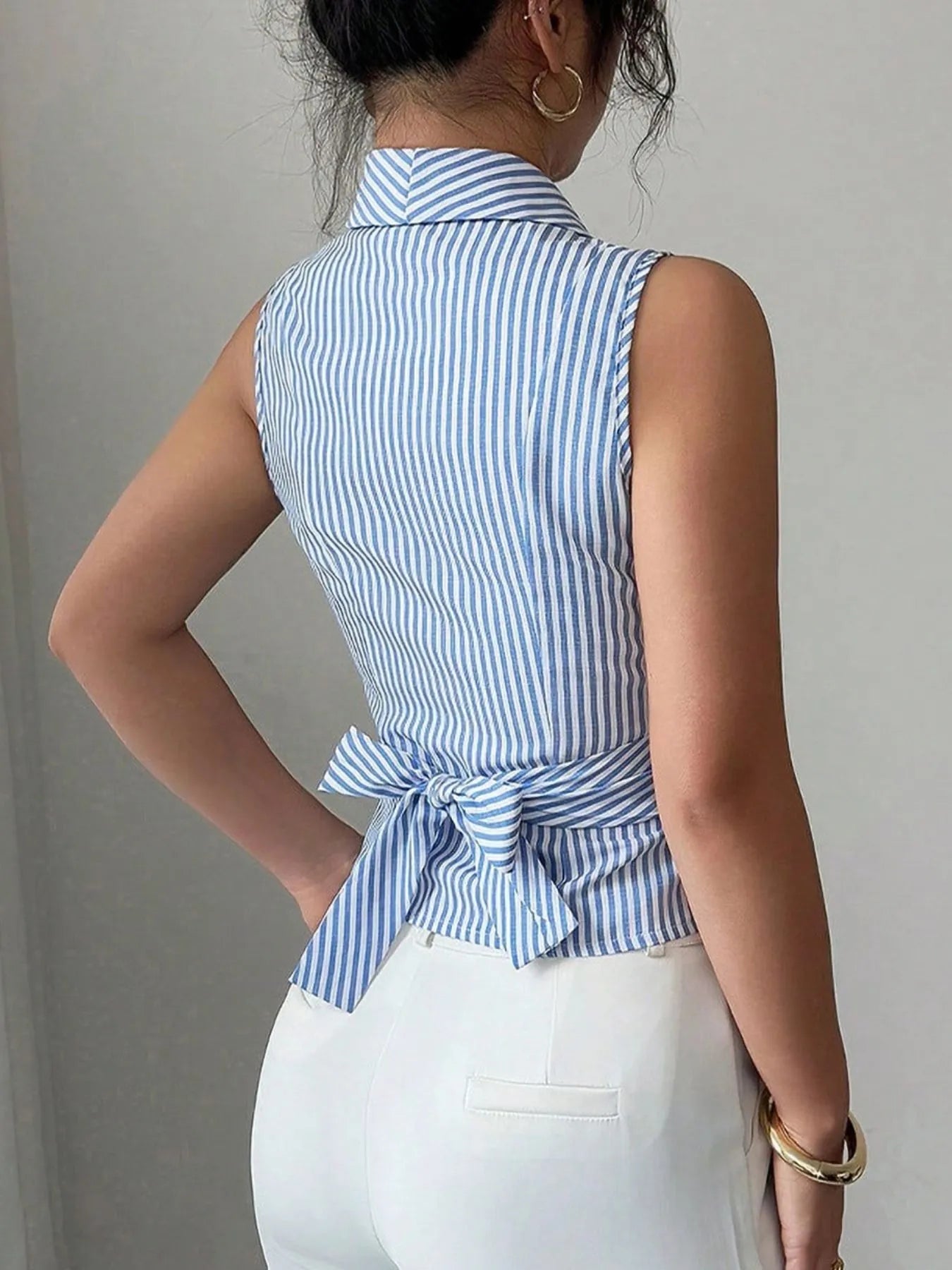 Striped Sleeveless Wrap Blouse
