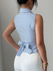 Striped Sleeveless Wrap Blouse