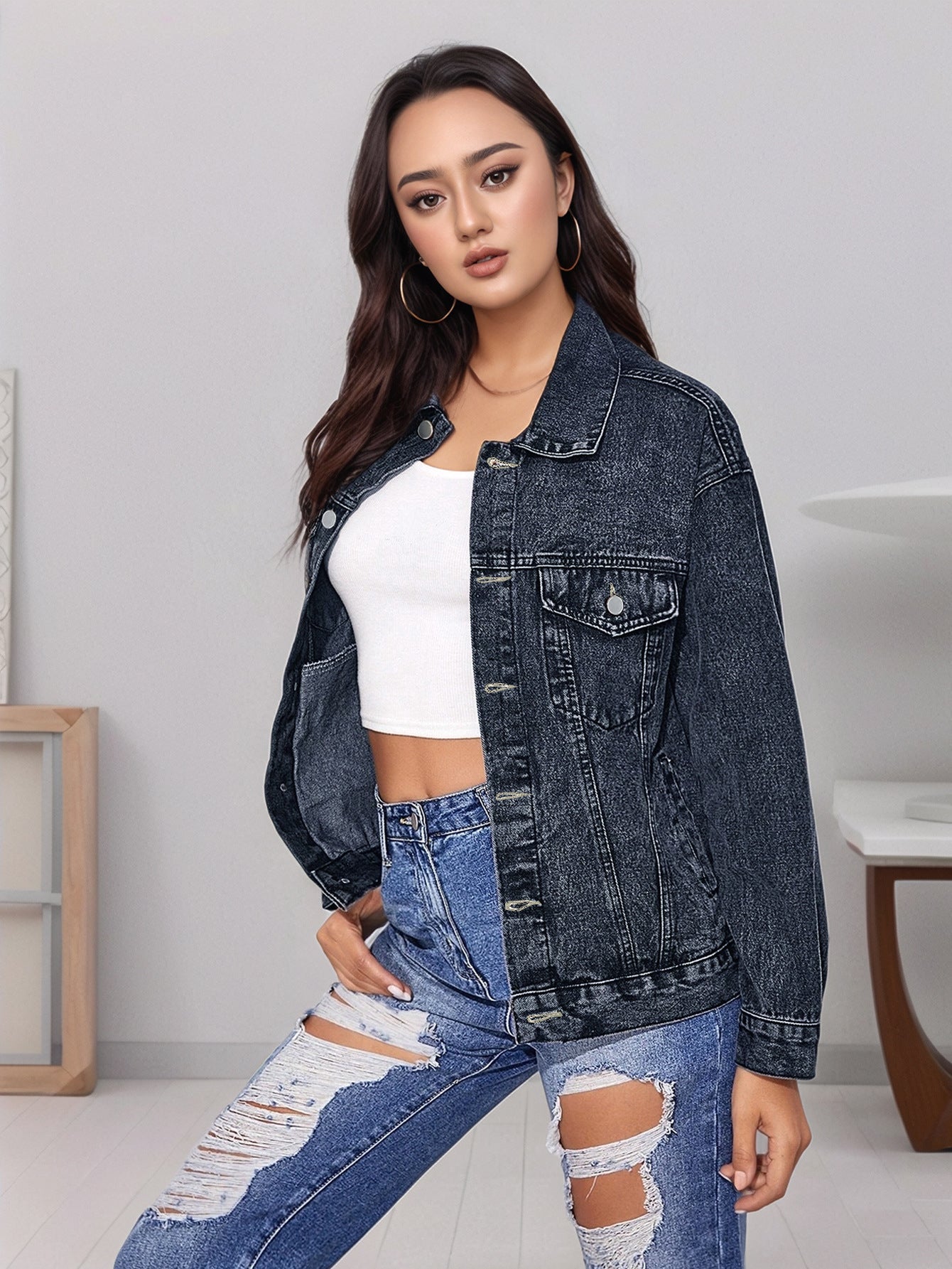 Chloe Oversized Distressed Denim Jacket