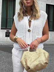 Elegante cárdigan de punto corto sin mangas con bolsillo