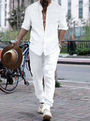 Men's Full Size Striped Button Up Top and Pants Set Plus Size