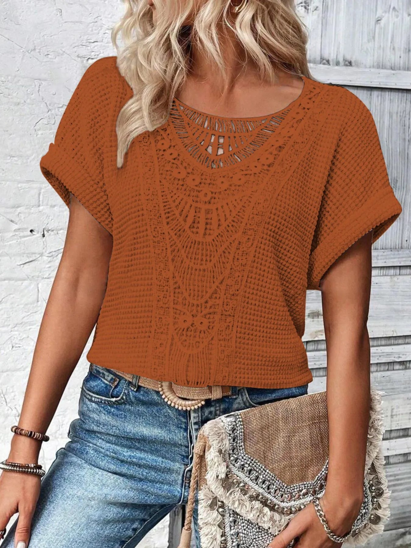 Crochet Lace Short Sleeve Casual T-Shirt