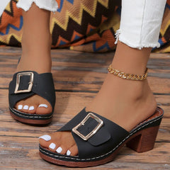 Open Toe Block Heel Buckle Sandals