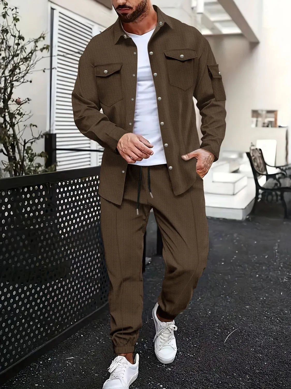 Men's Full Size Snap Down Long Sleeve Top and Pants Plus Size