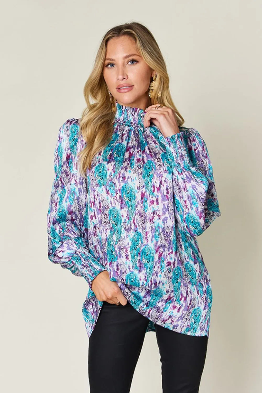 Floral Printed Smocked Long Sleeve Blouse