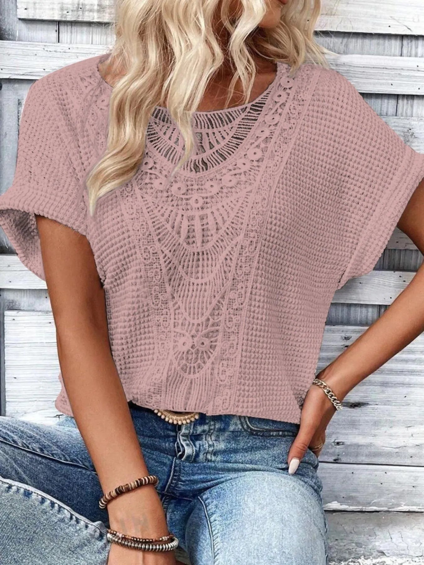 Crochet Lace Short Sleeve Casual T-Shirt