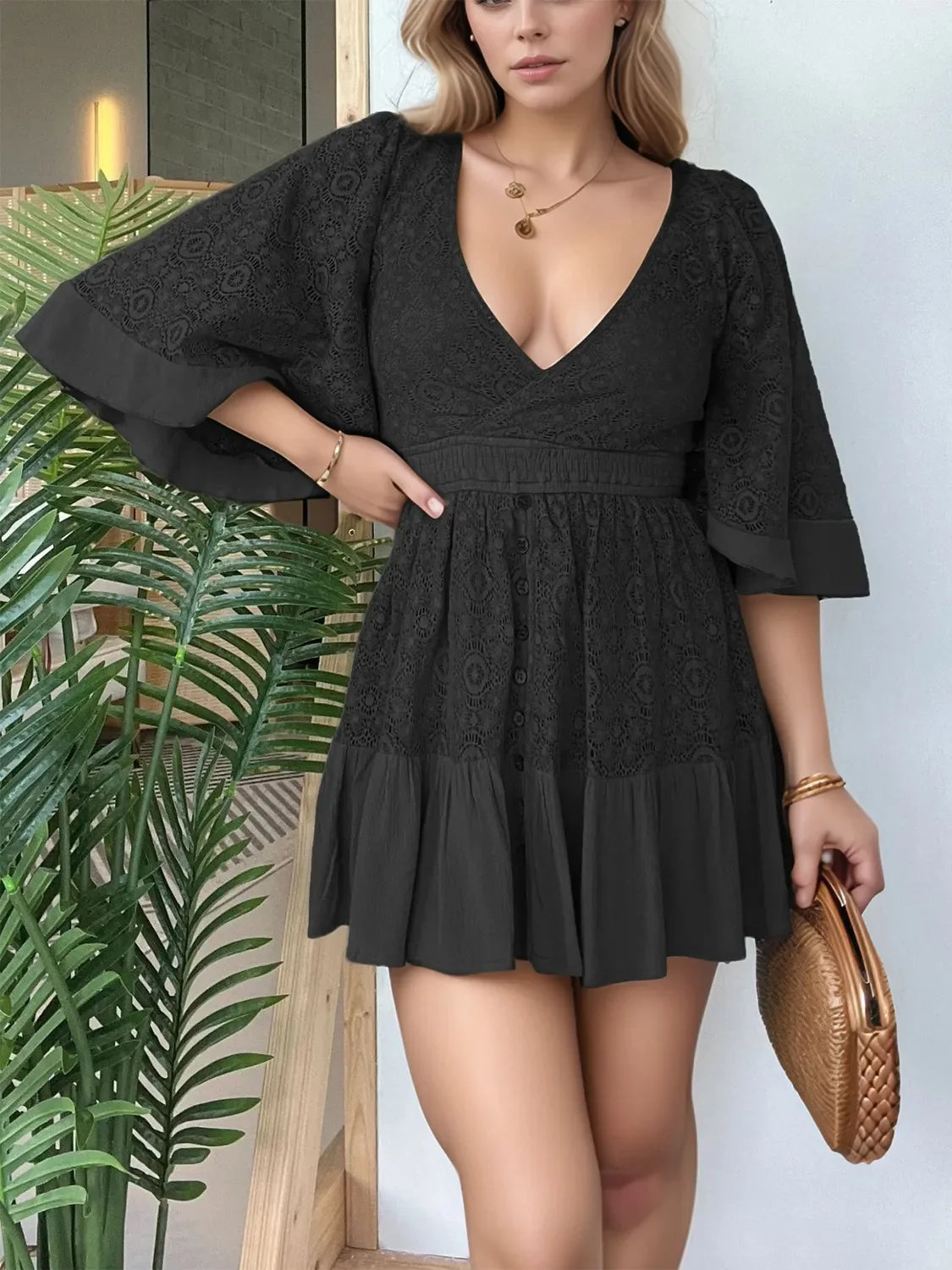 Full Size Lace Cutout Back Half Sleeve Mini Dress Plus Size