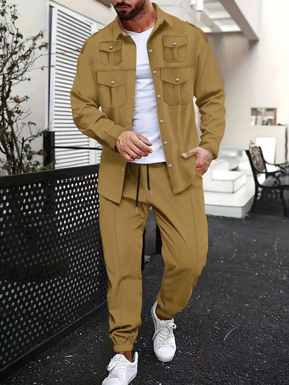 Men's Full Size Snap Down Long Sleeve Top and Pants Set Plus Size