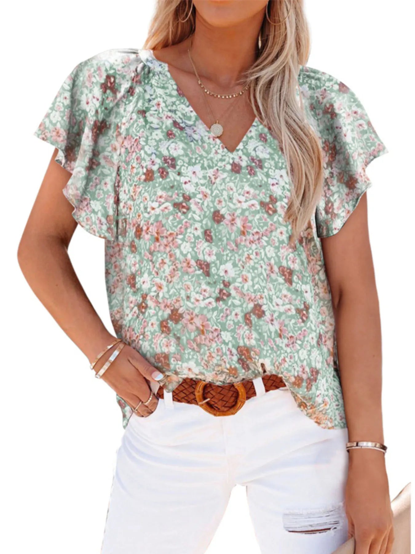Flutter Sleeve Floral V-Neck Blouse Plus Size