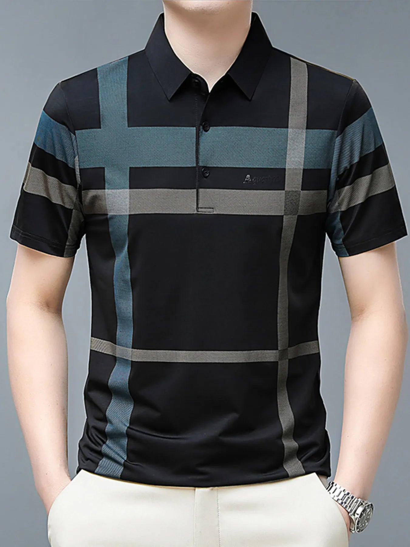 Men's Plus Size Geometric Striped Short Sleeve Polo