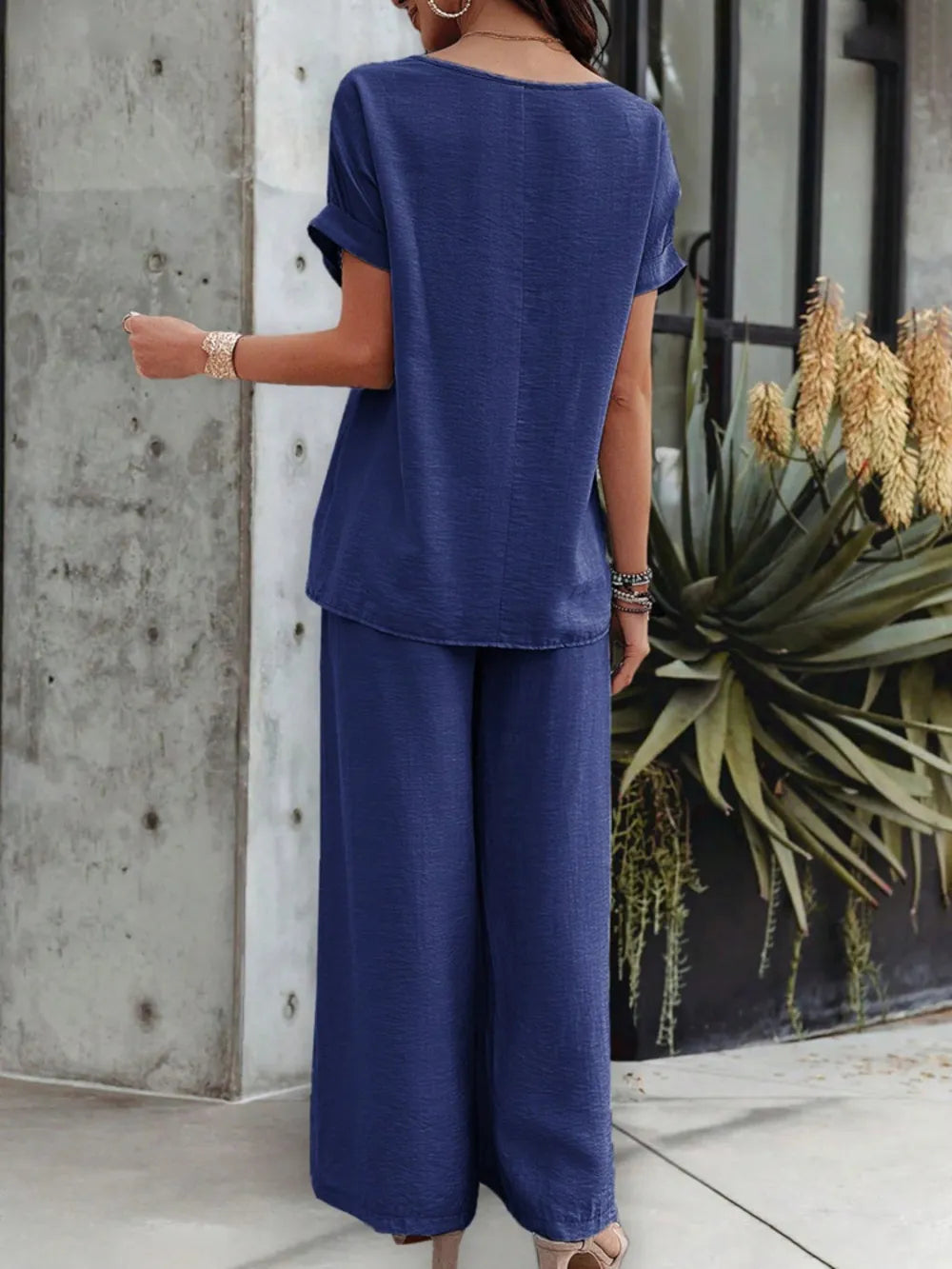 Round Neck Short Sleeve Top and Pants Set