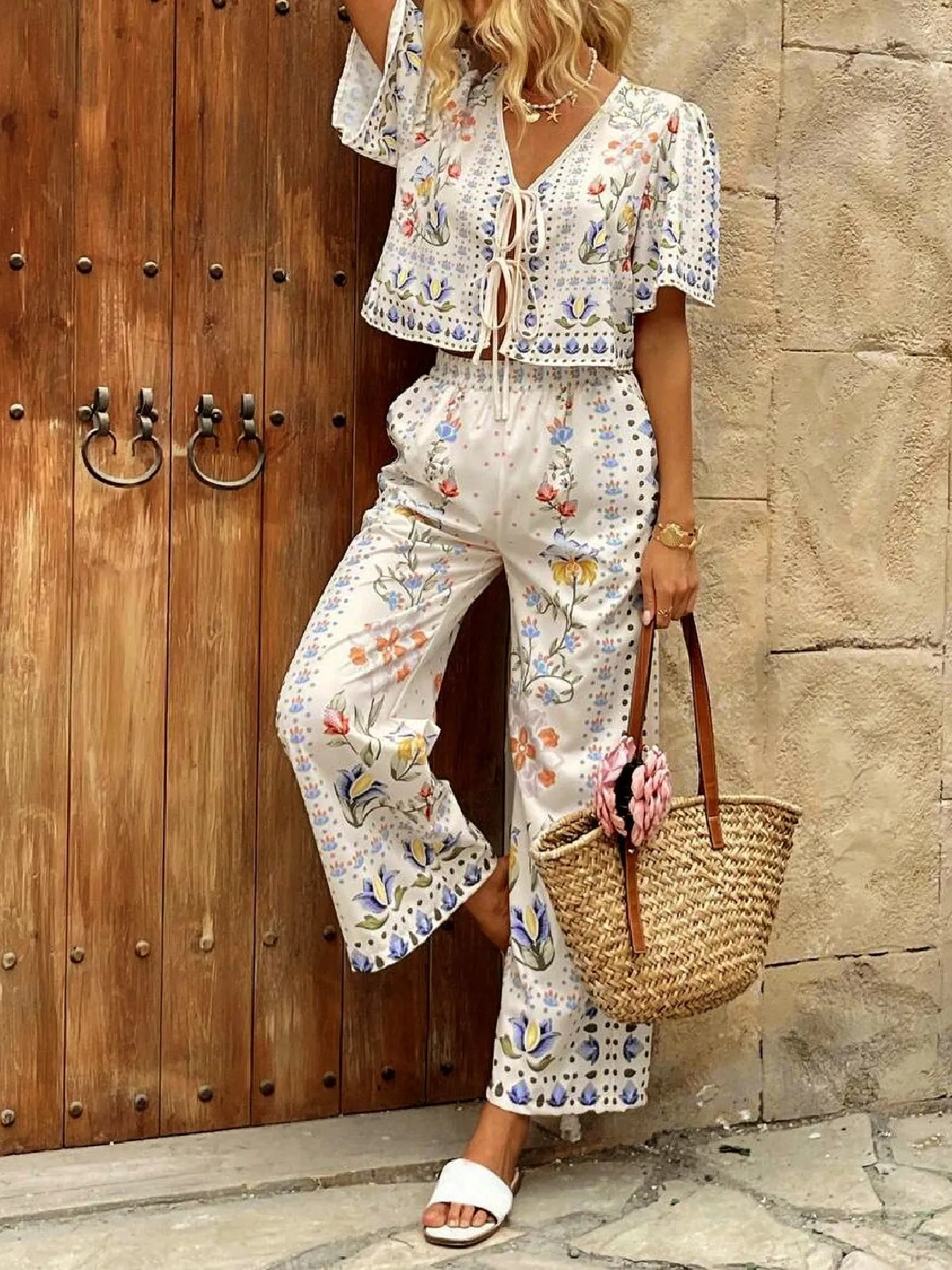 Printed Tie Front Short Sleeve Top and Pants Set