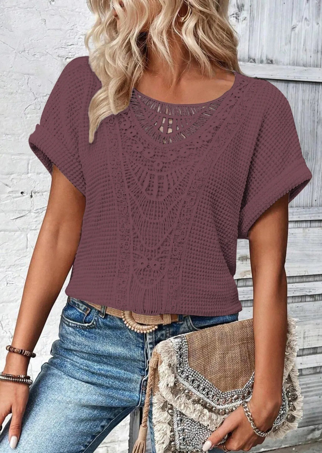 Crochet Lace Short Sleeve Casual T-Shirt