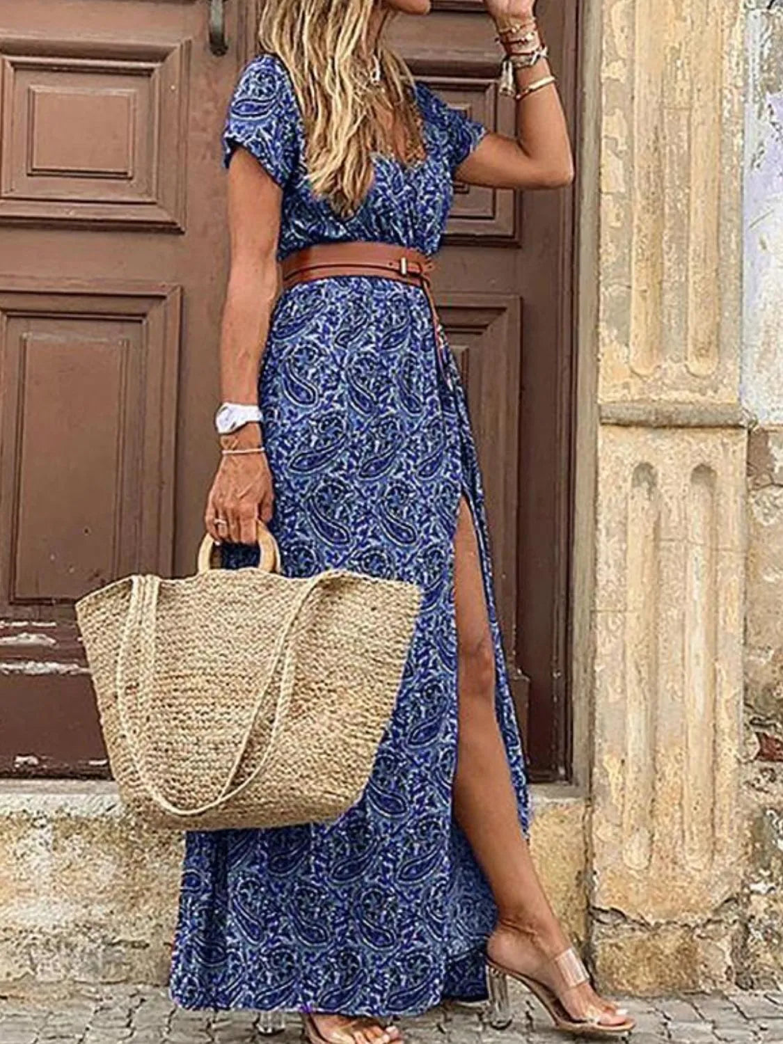 Full Size Printed V-Neck Short Sleeve Maxi Dress Plus Size