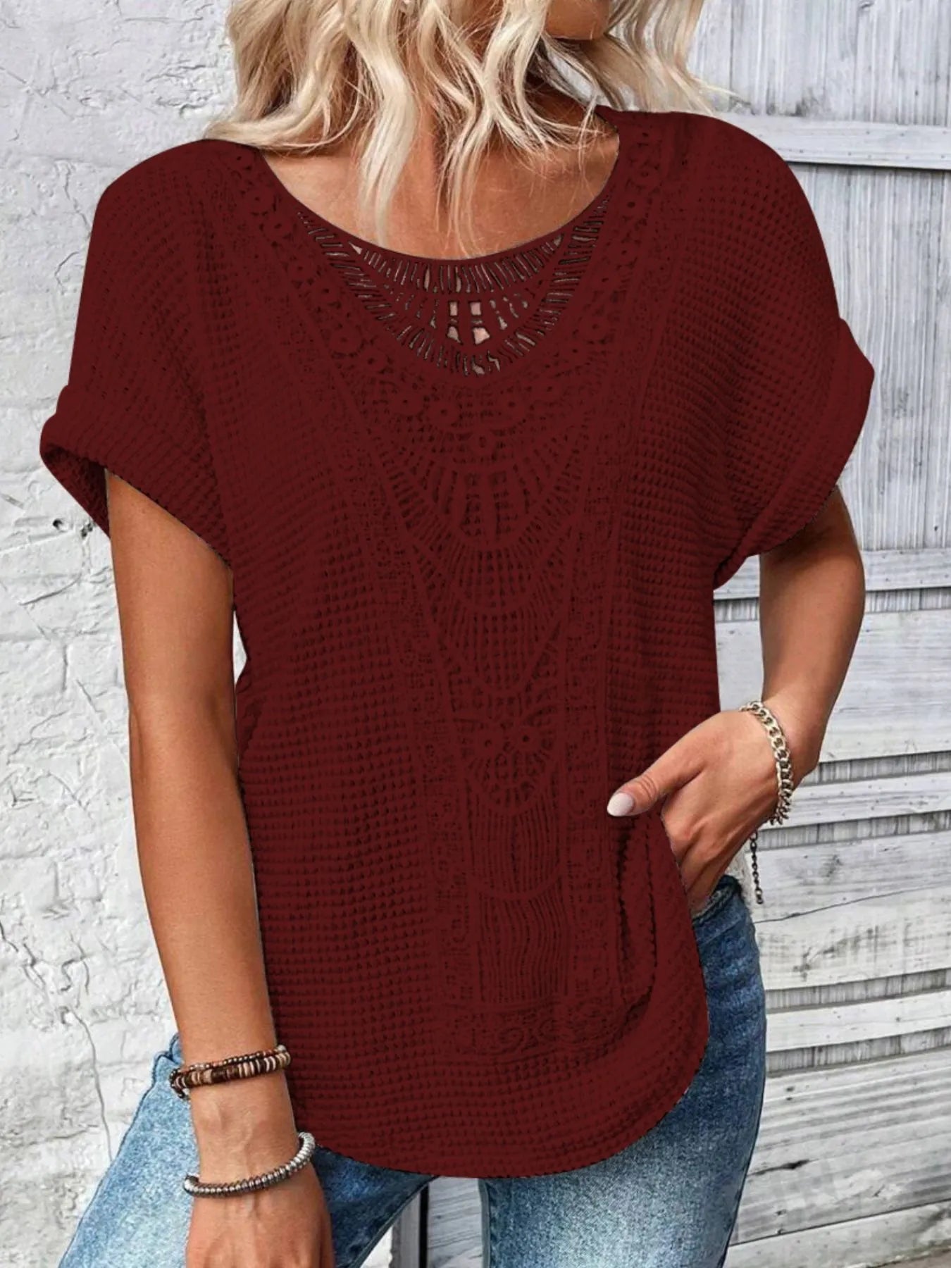 Crochet Lace Short Sleeve Casual T-Shirt