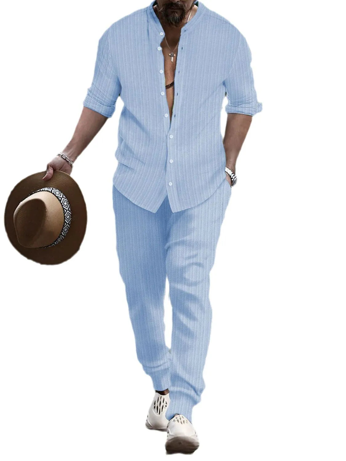 Men's Full Size Striped Button Up Top and Pants Set Plus Size