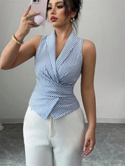 Striped Sleeveless Wrap Blouse
