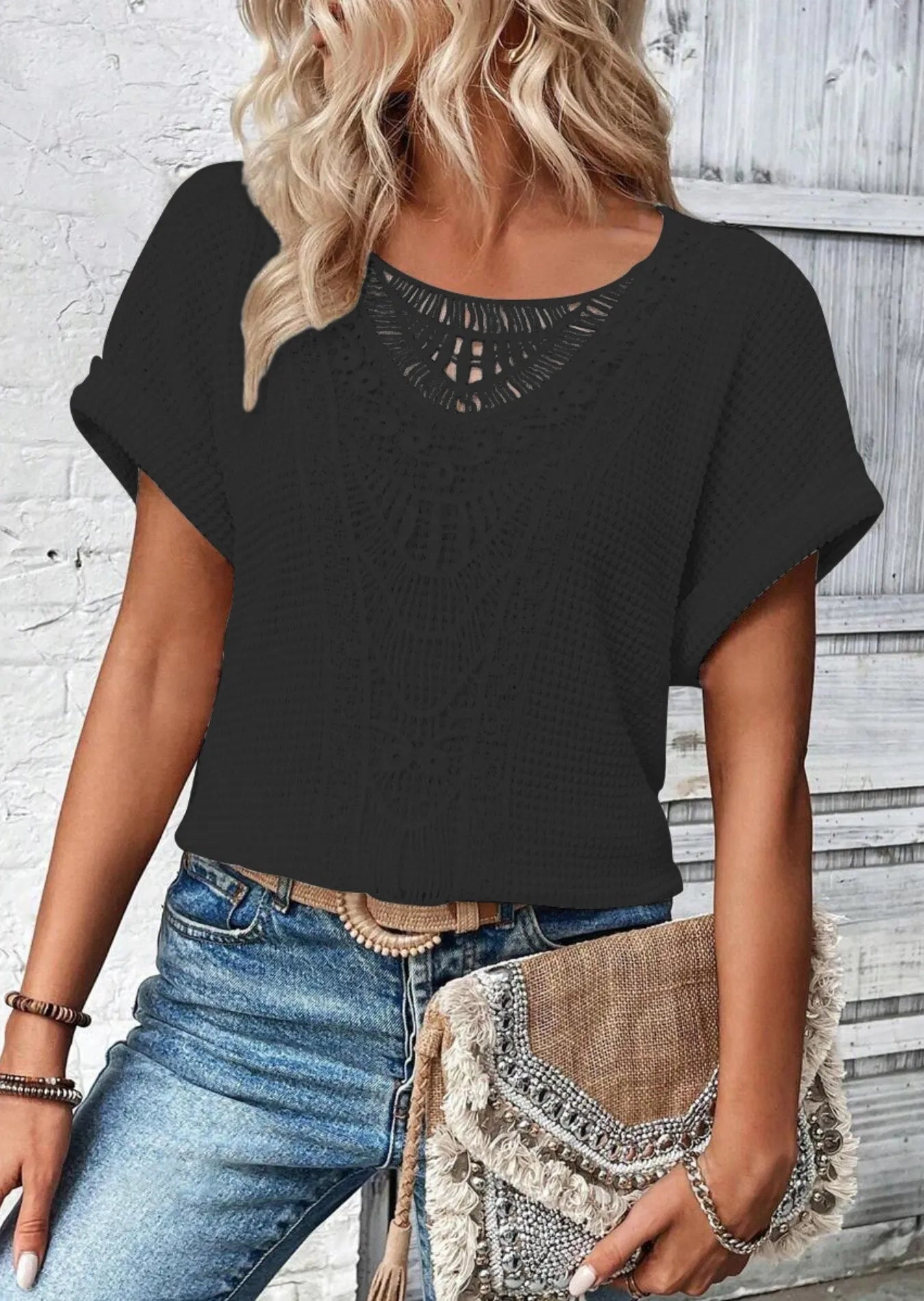 Crochet Lace Short Sleeve Casual T-Shirt
