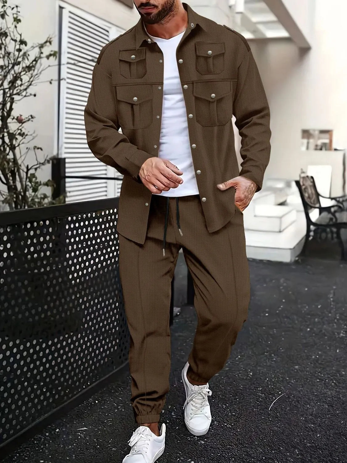 Men's Full Size Snap Down Long Sleeve Top and Pants Set Plus Size