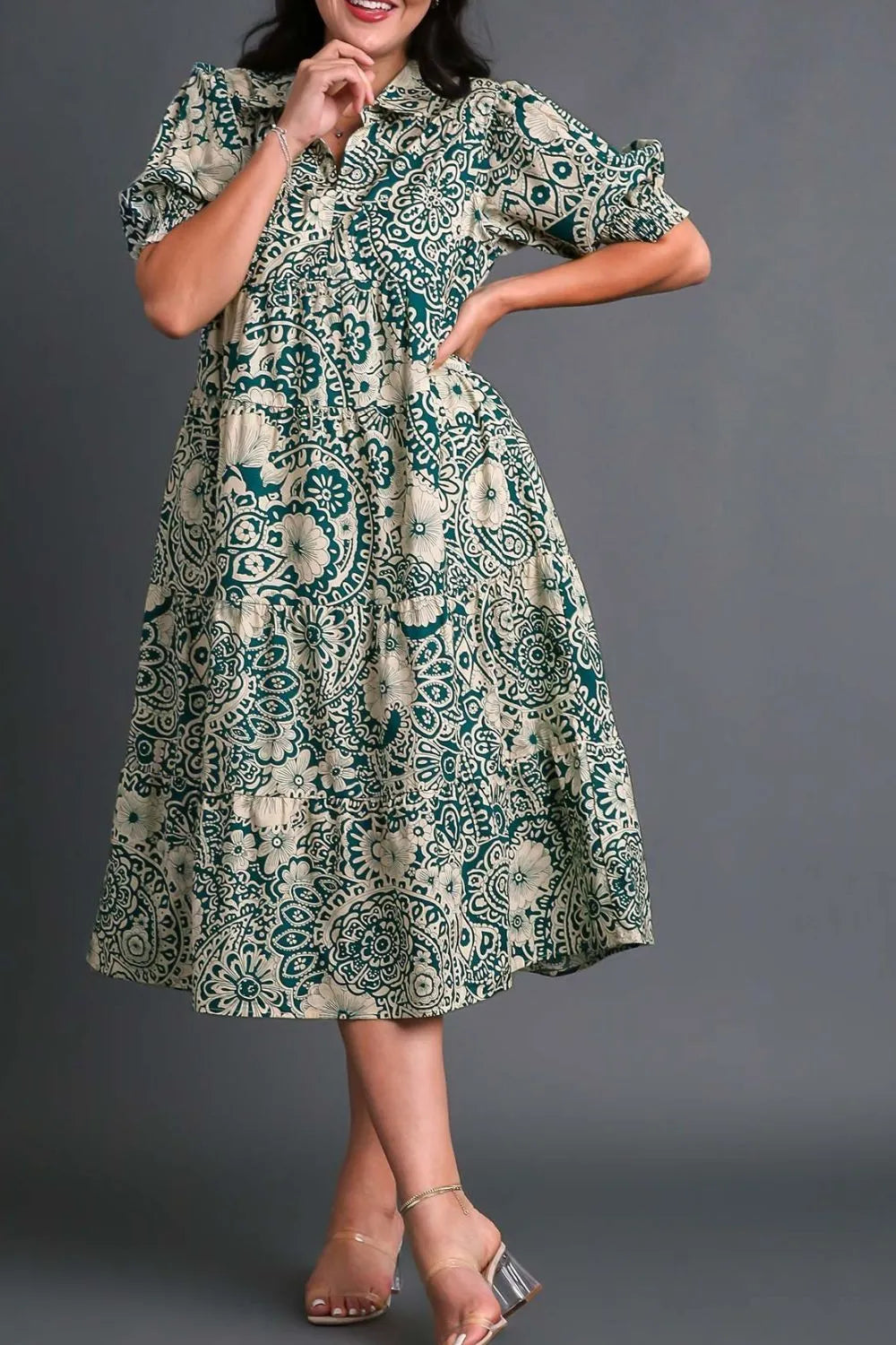 Printed Smocked Cuff Puff Sleeve Midi Dress