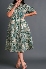 Printed Smocked Cuff Puff Sleeve Midi Dress