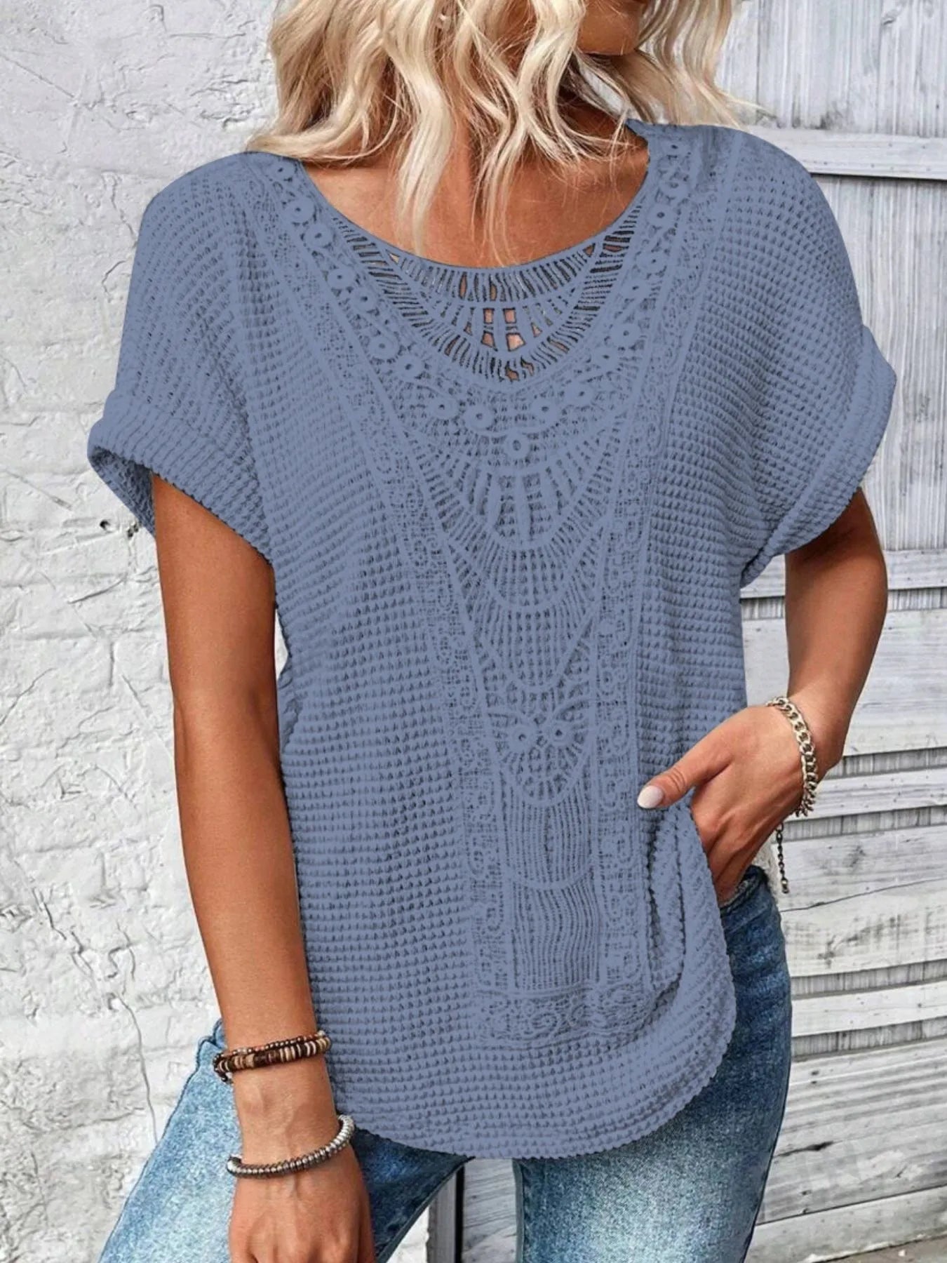 Crochet Lace Short Sleeve Casual T-Shirt