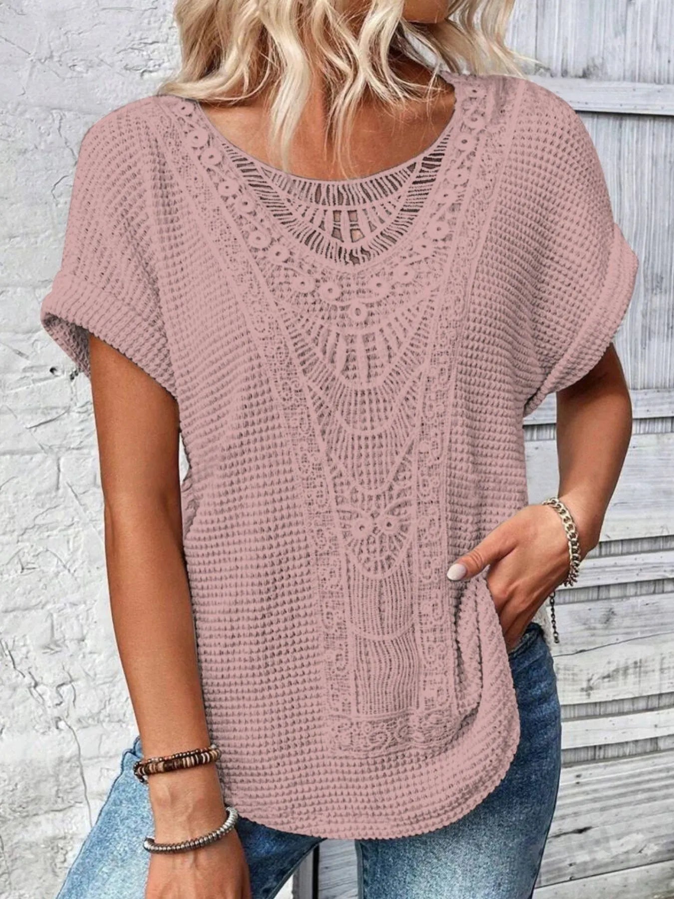Crochet Lace Short Sleeve Casual T-Shirt