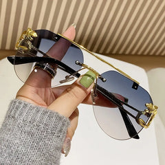 Rimless Rectangle Sunglasses with Gold Lion Head Temples