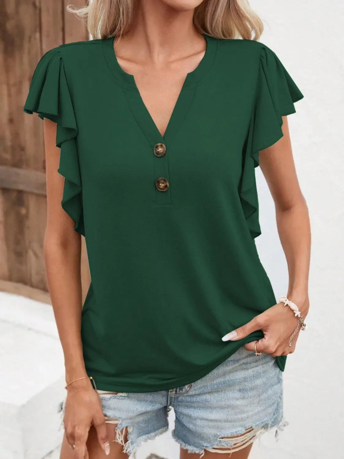 Ruffled Notched Cap Sleeve Blouse Plus Size