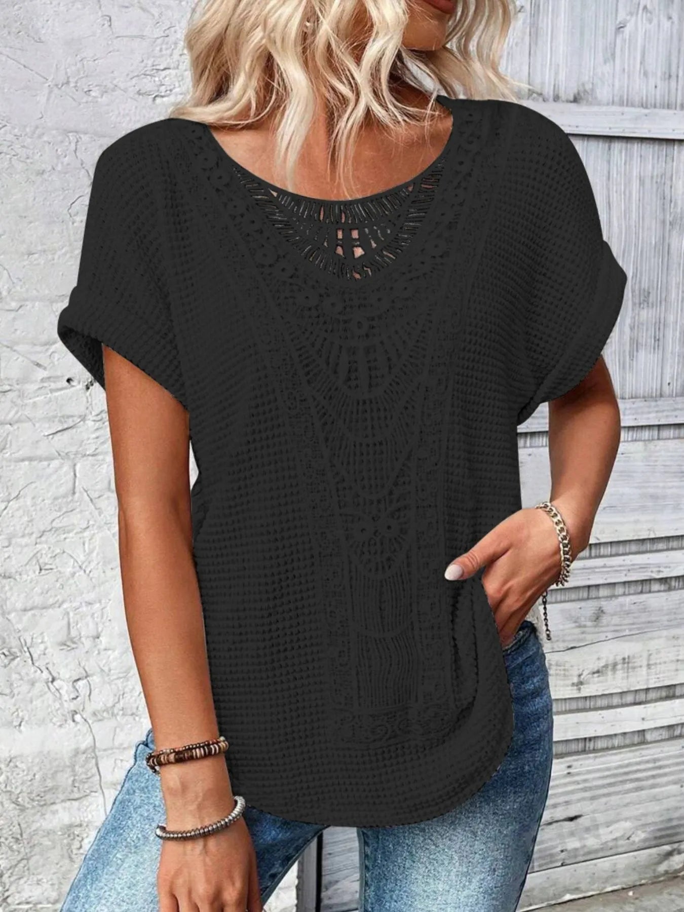 Crochet Lace Short Sleeve Casual T-Shirt