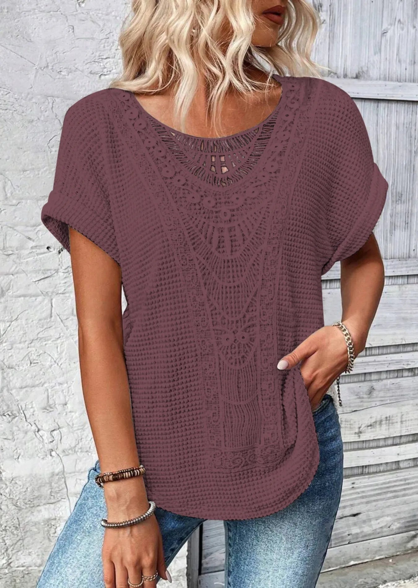 Crochet Lace Short Sleeve Casual T-Shirt