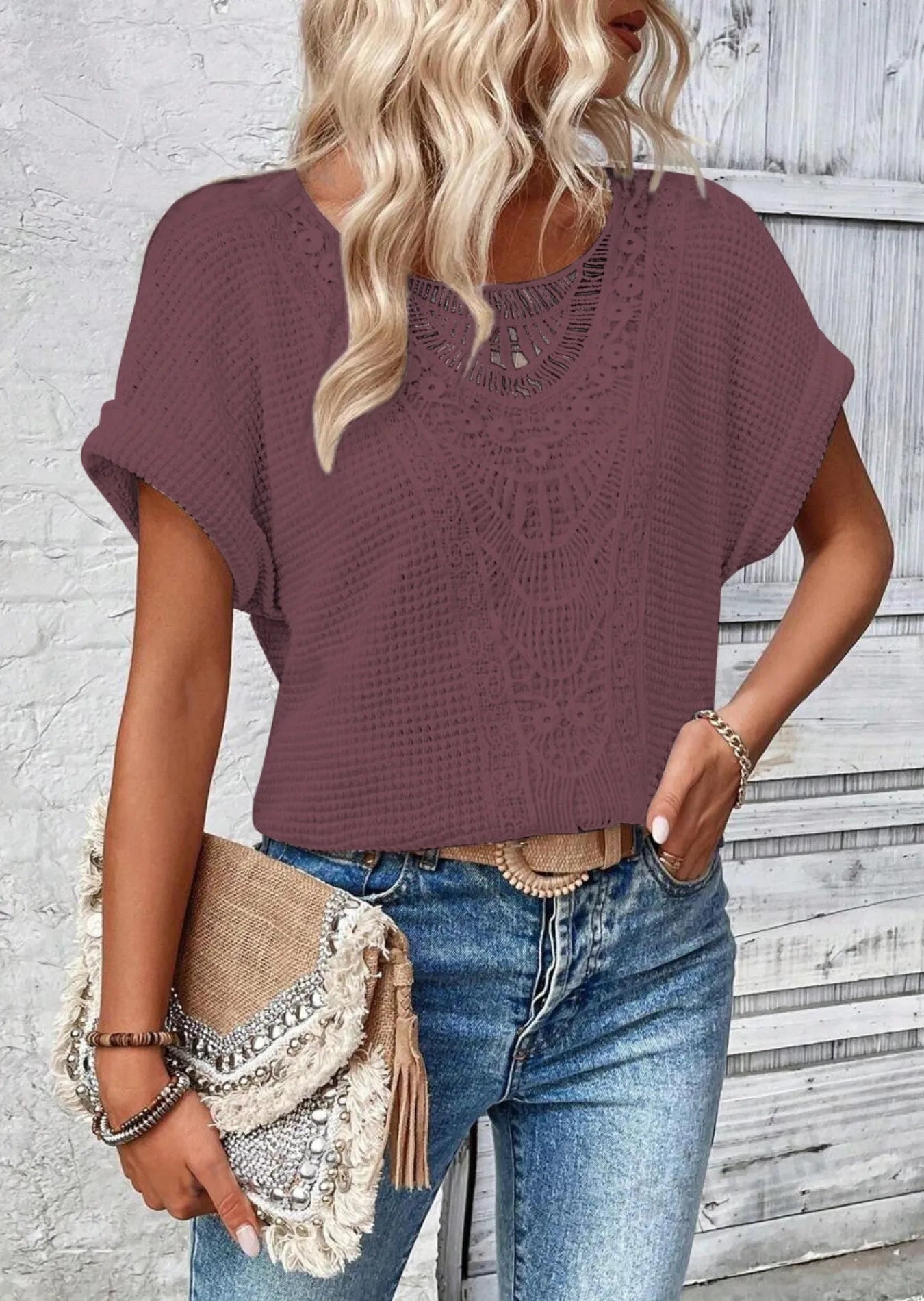 Crochet Lace Short Sleeve Casual T-Shirt