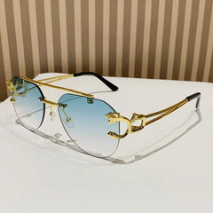 Rimless Rectangle Sunglasses with Gold Lion Head Temples