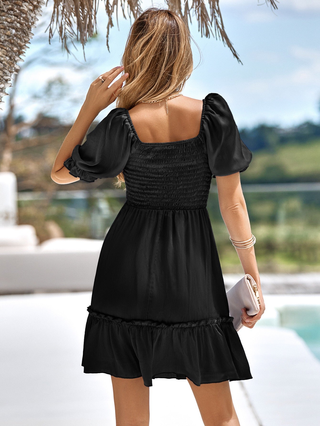 V Neck Short Puff Sleeve Ruched Mini Dresses